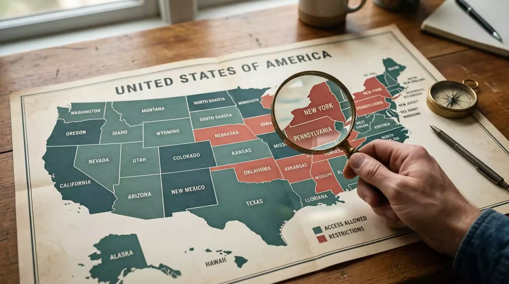 Map of US states showing sweepstakes casino legal status in 2026